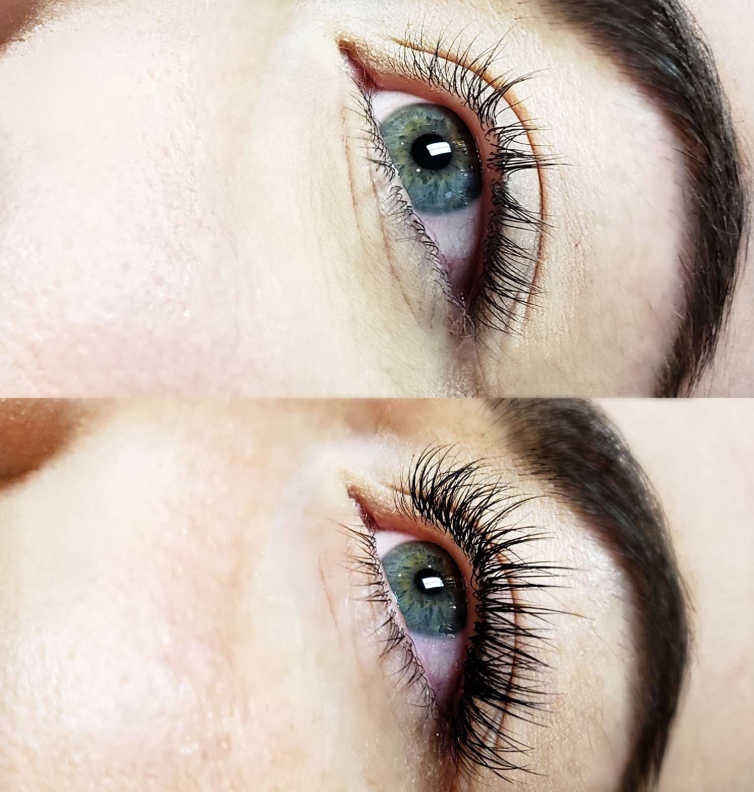 Comparison of before and after images of volume lash extensions.