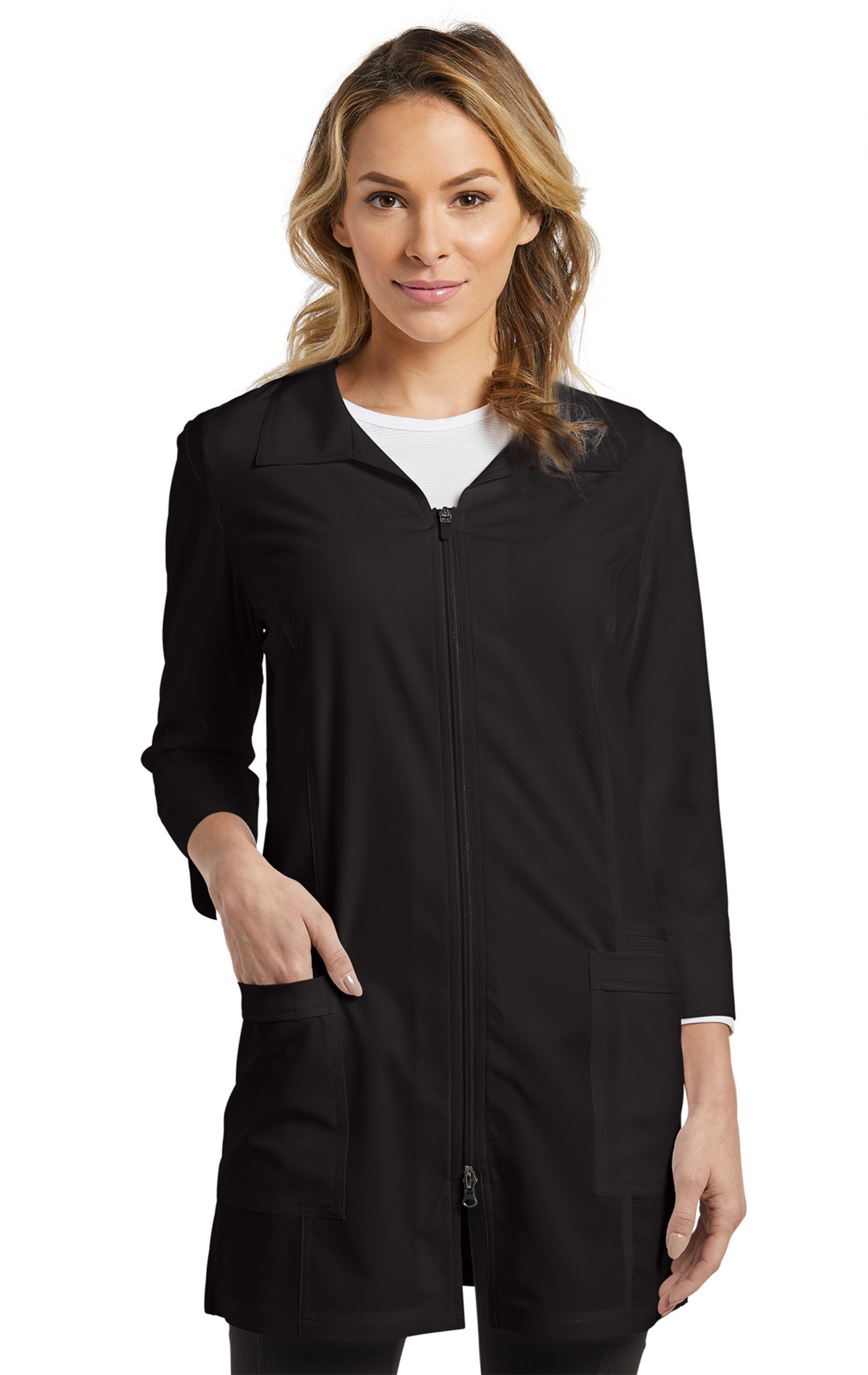 esthetician school supplies Zipper-Labcoat_black-front