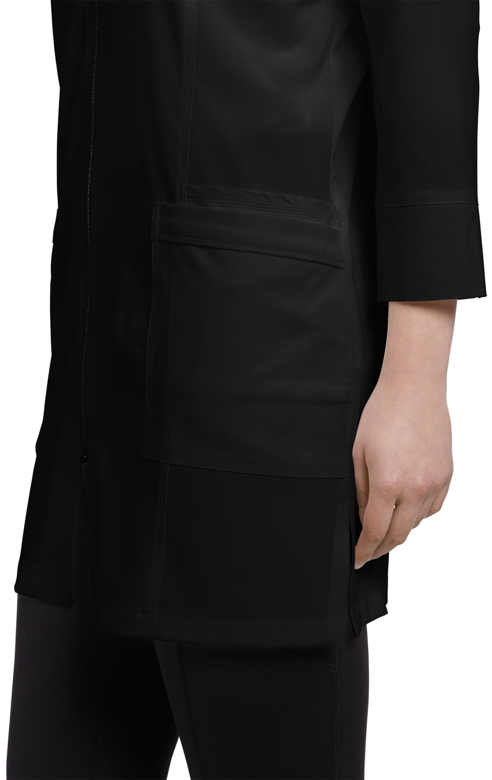 esthetician school supplies close up of Front-Zipper-Labcoat_black-pocket-1