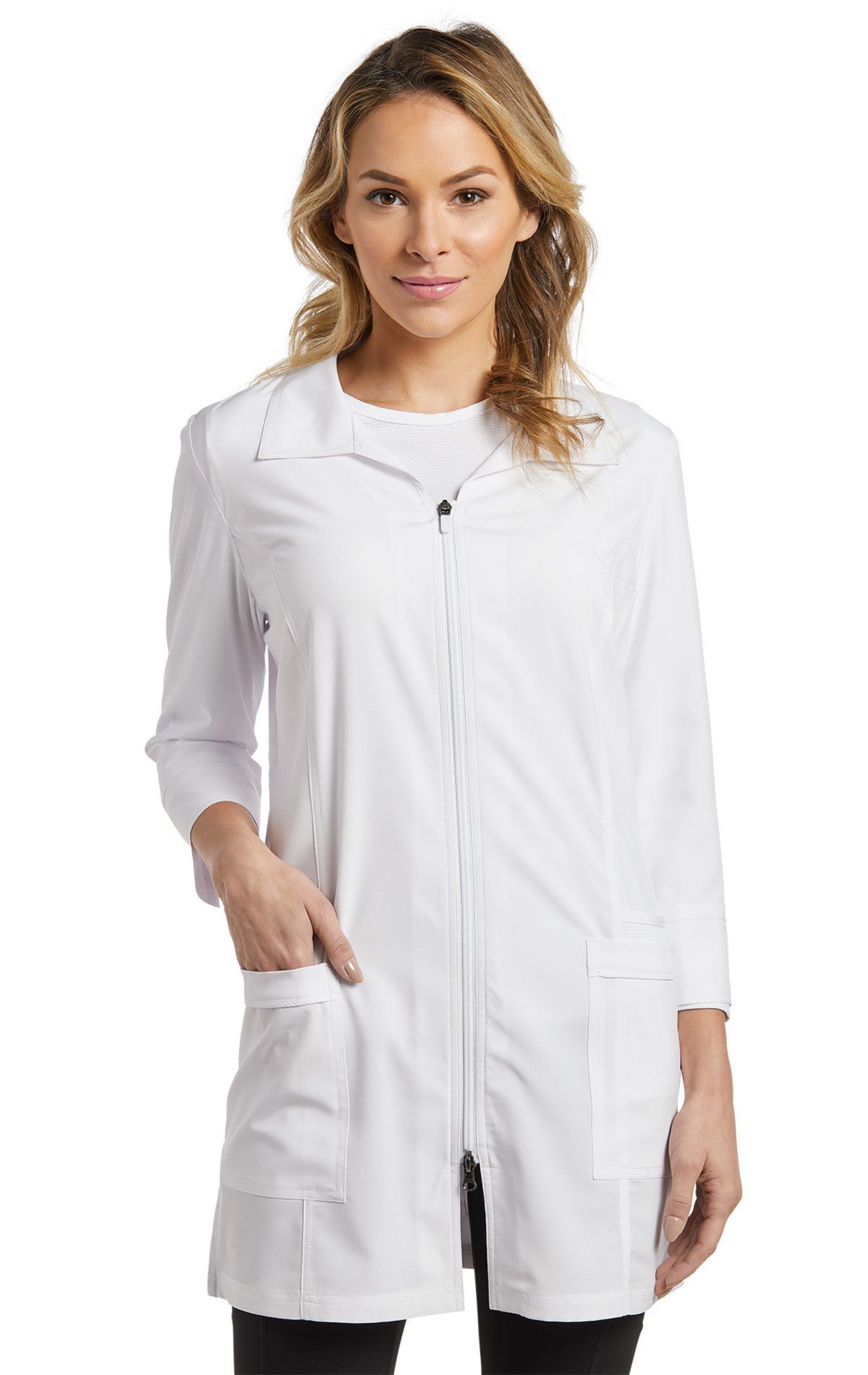 Clothing_WhiteCross-2417-FIT-Front-Zipper-Labcoat_white-front Model wearing WhiteCross Zipper-Labcoat