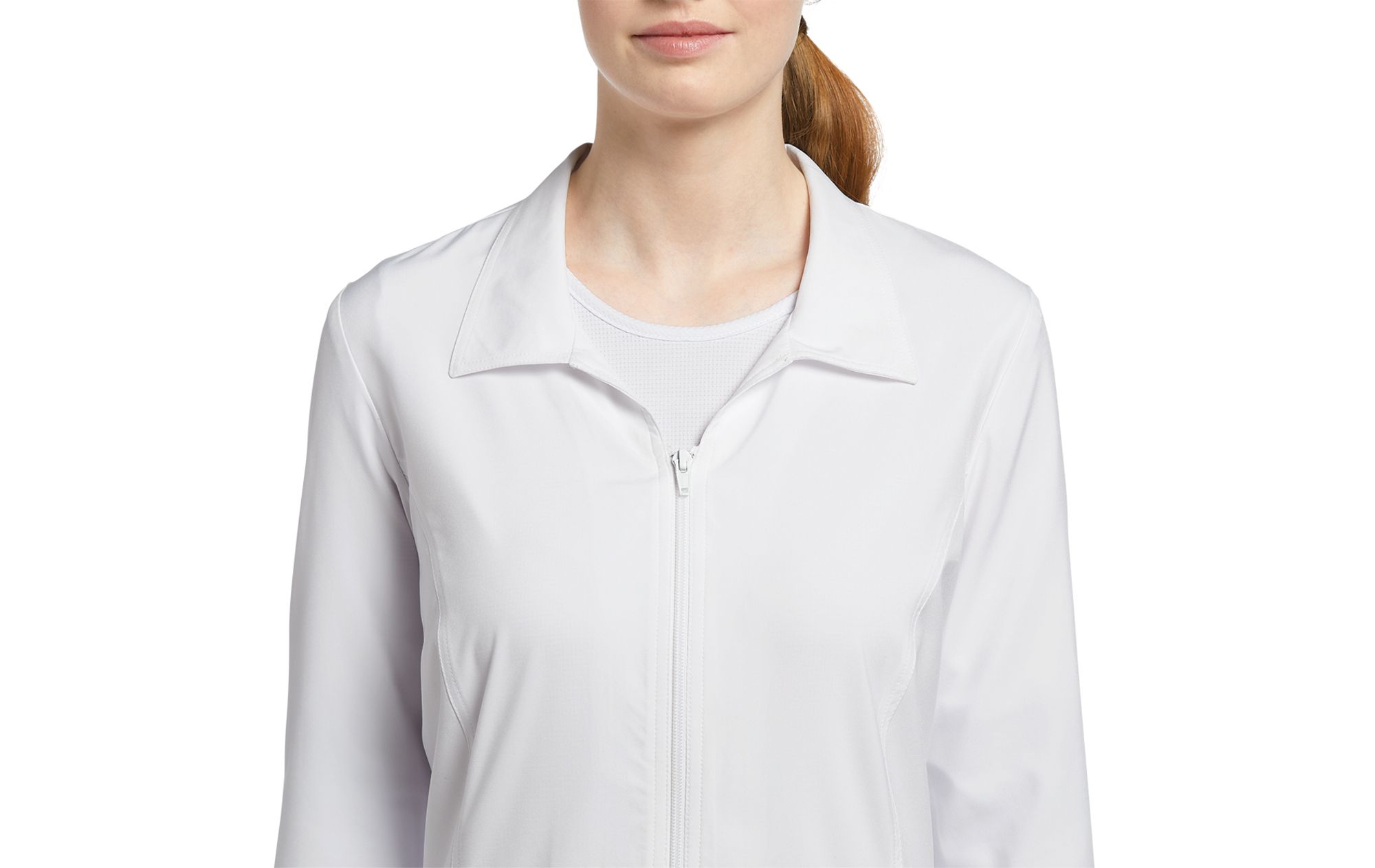 esthetician school clothing Model wearing WhiteCross Zipper-Labcoat