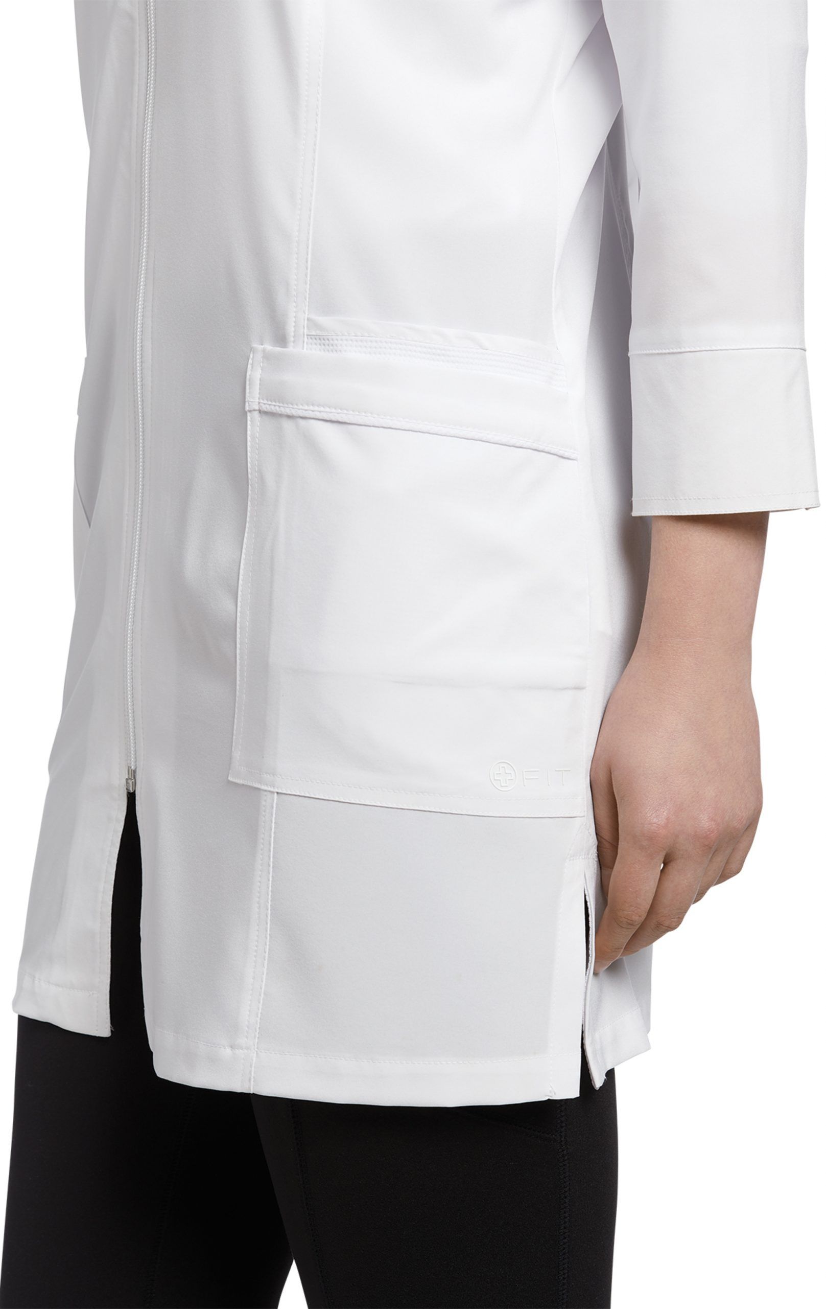 esthetician school clothing Model wearing WhiteCross Zipper-Labcoat