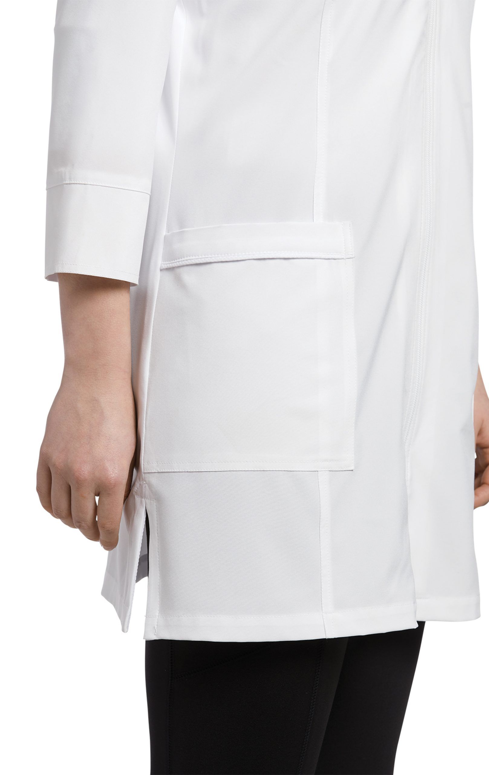 esthetician school clothing Model wearing WhiteCross Zipper-Labcoat