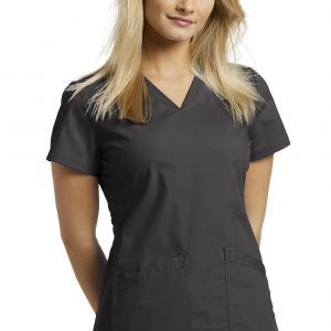 Model wearing Womens V Neck Top in black