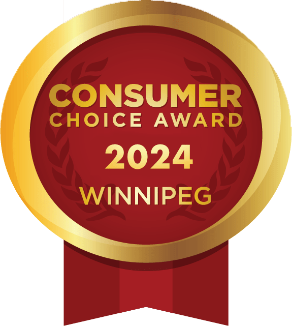 Red and gold Consumer Choice Award badge for the Winnipeg winner in the School-Esthetics category of 2024.